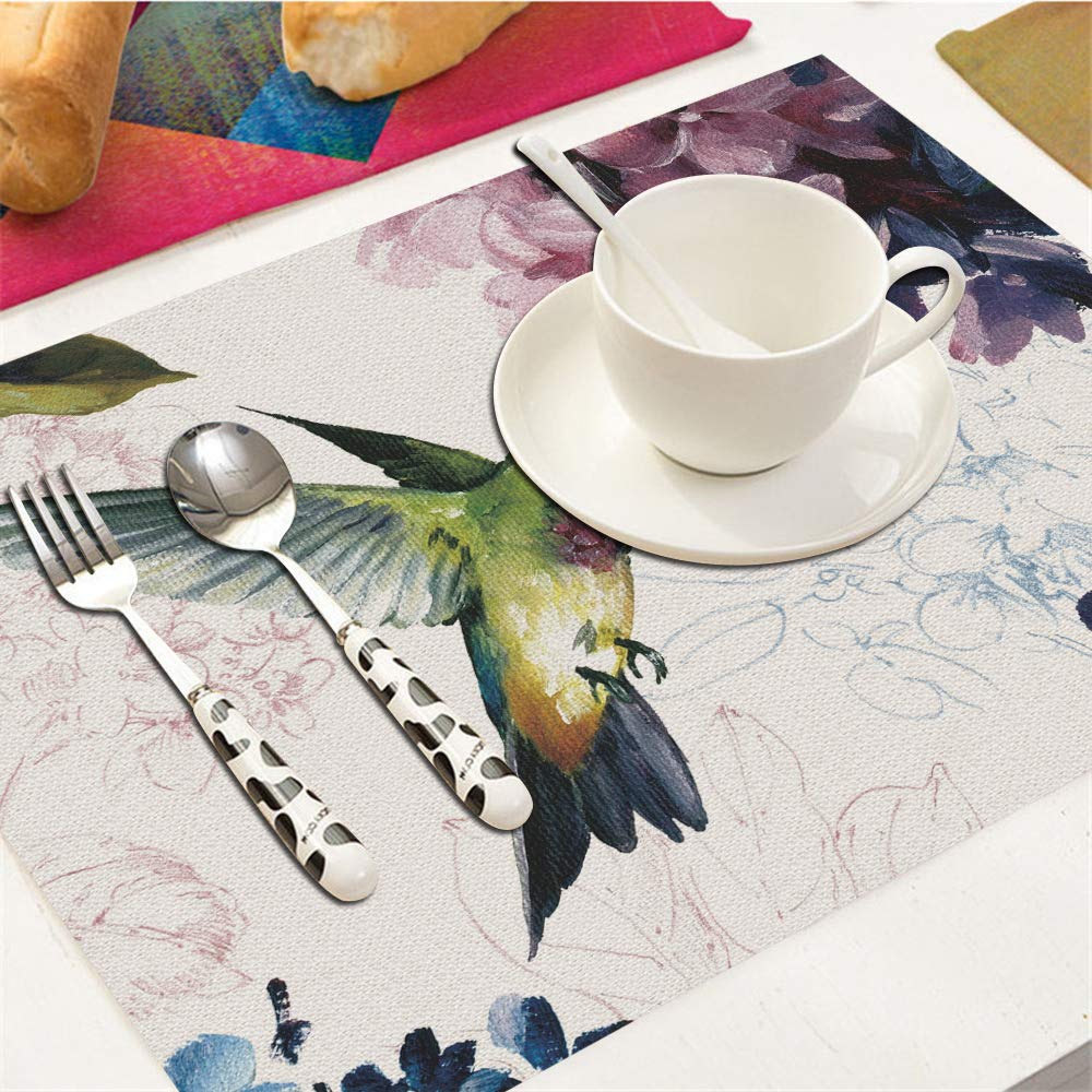 Hummingbird Placemats Set Of 4, Hummingbird Watercolor Painting Placemats Heat Resistant For Dining Table Non-Slip 18X12 Inches
