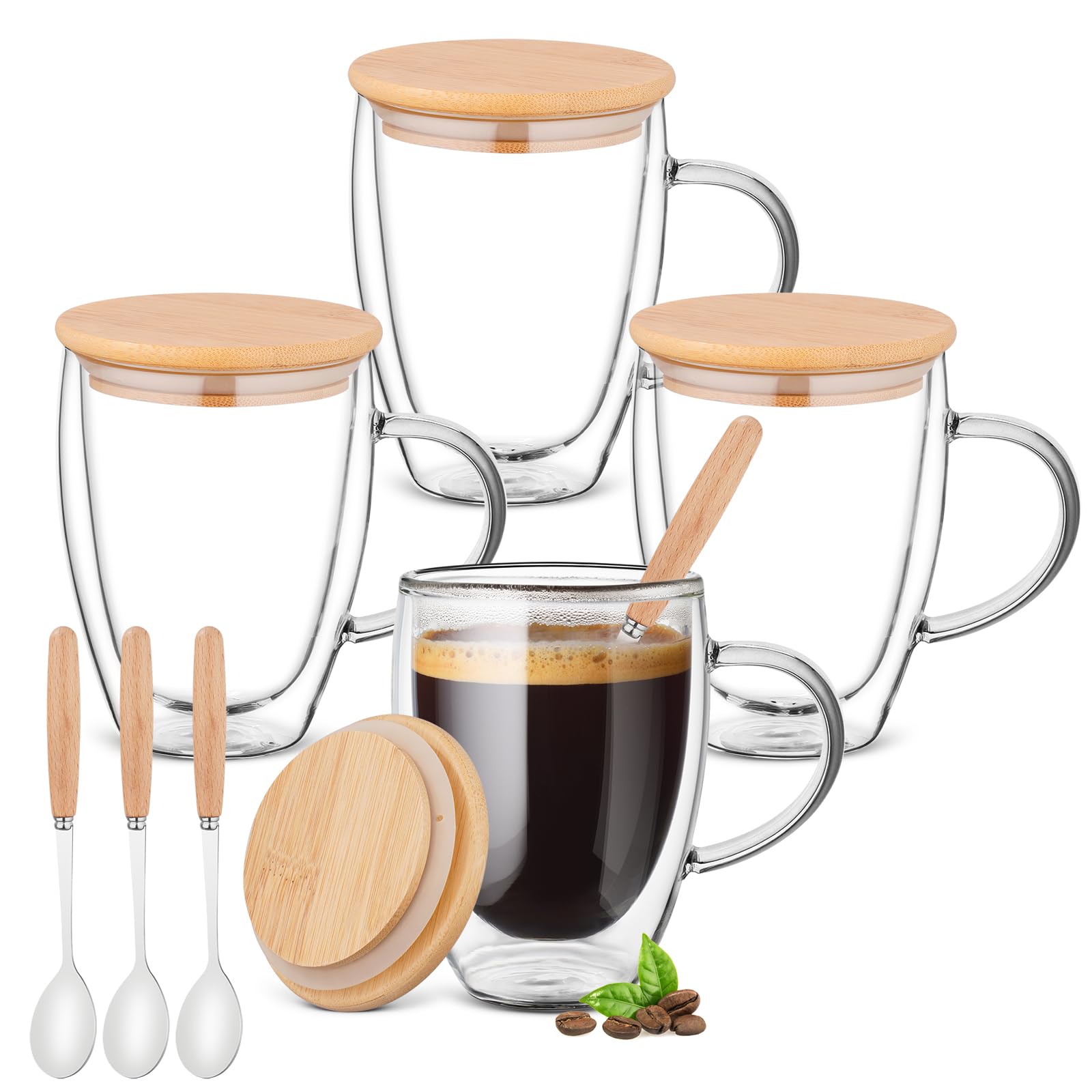 Ulrikco 4 Pack Double Walled Glass Coffee Mugs with Bamboo Lid/Spoon, Insulated Coffee Cups with Handle, Cappuccino Latte Glasse