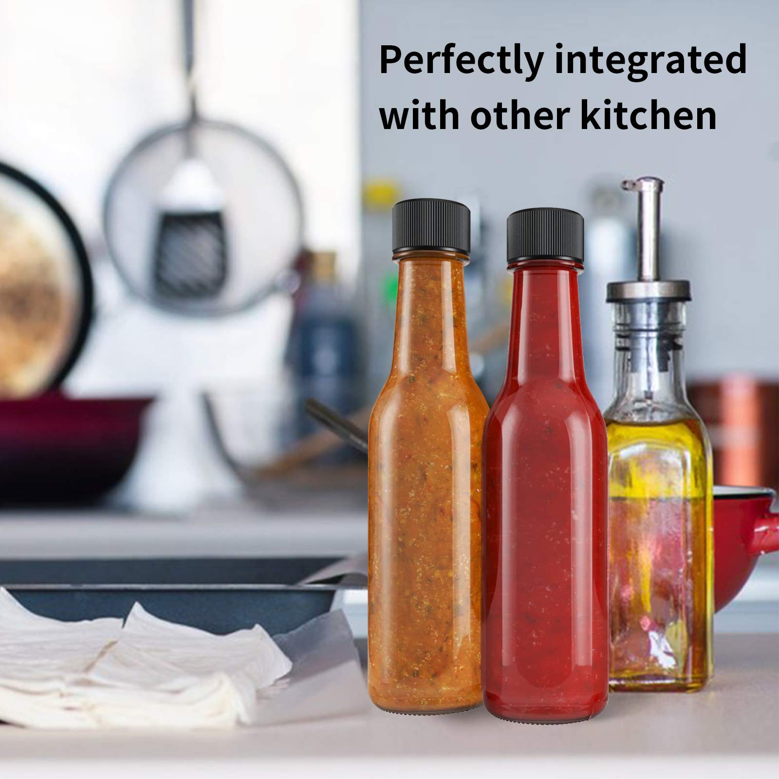 Wertioo 21 Pack 5 Oz Hot Sauce Bottles, Empty Woozy Glass Bottles With Leak Proof Screw Caps & Shrink Bands For Kitchen