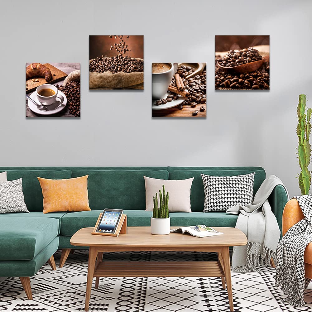 Otostar 4 Pieces Wall Art Canvas Prints - Coffee Beans And Coffee Picture Painting - Modern Wall Artwork Framed For Gifts Bathro