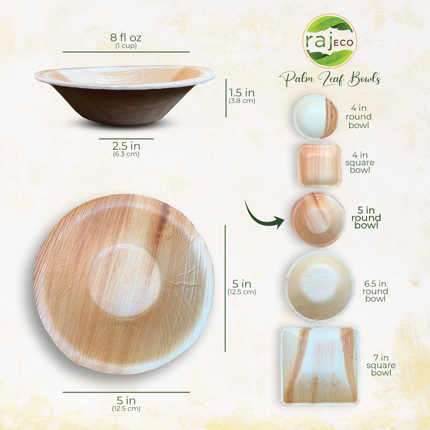 Raj Disposable Palm Leaf Bowls (25 Count, 5'' Bowls) Strong Bowls Like Bamboo Party Bowls - Decorative Compostable Tableware For