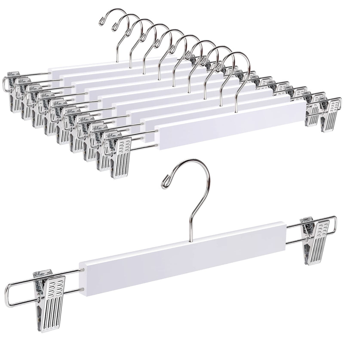 Amber Home 14.17'' Solid White Wooden Pant Skirt Hangers 10 Pack, Bottom Hangers For Slacks Trousers Jeans With 2-Adjustable Ant