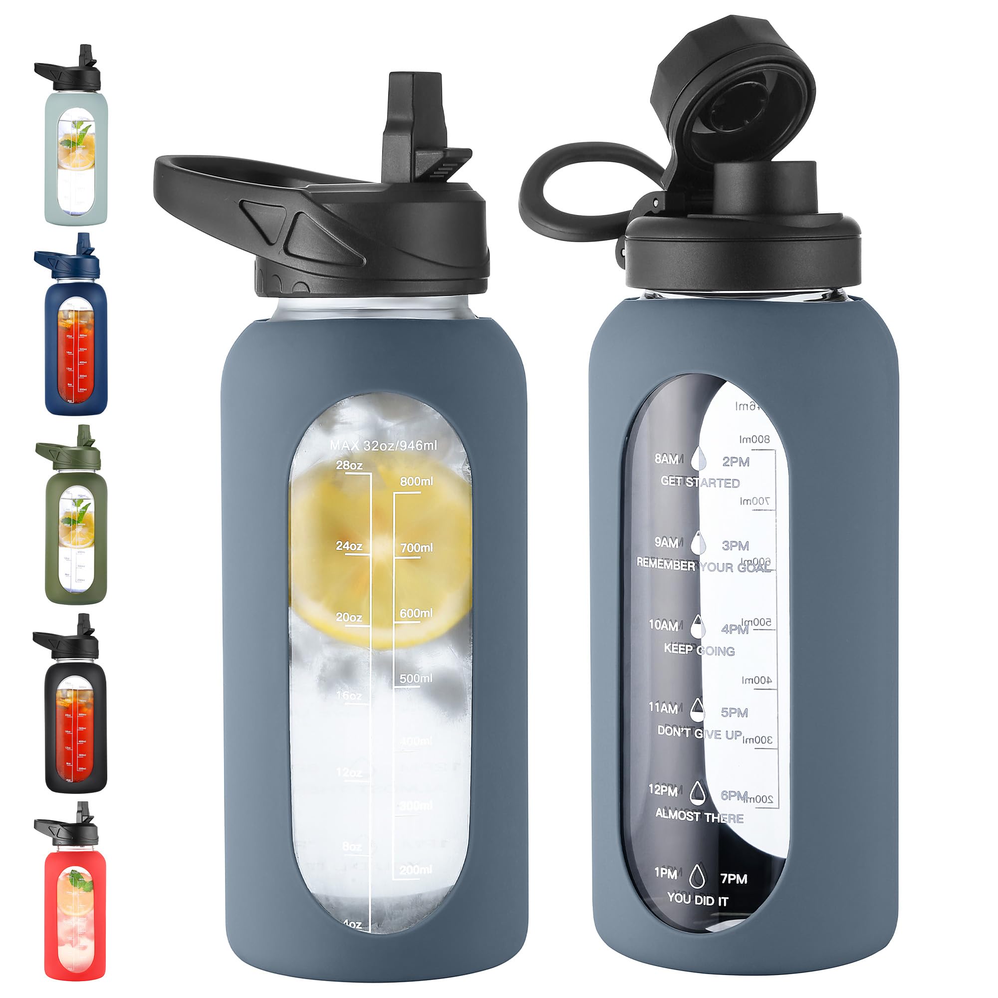 CIVAGO 32 oz Glass Water Bottle with Straw and Handle, Large Sports Motivational Water Bottle Flask with Time Marker and 2 Lids,