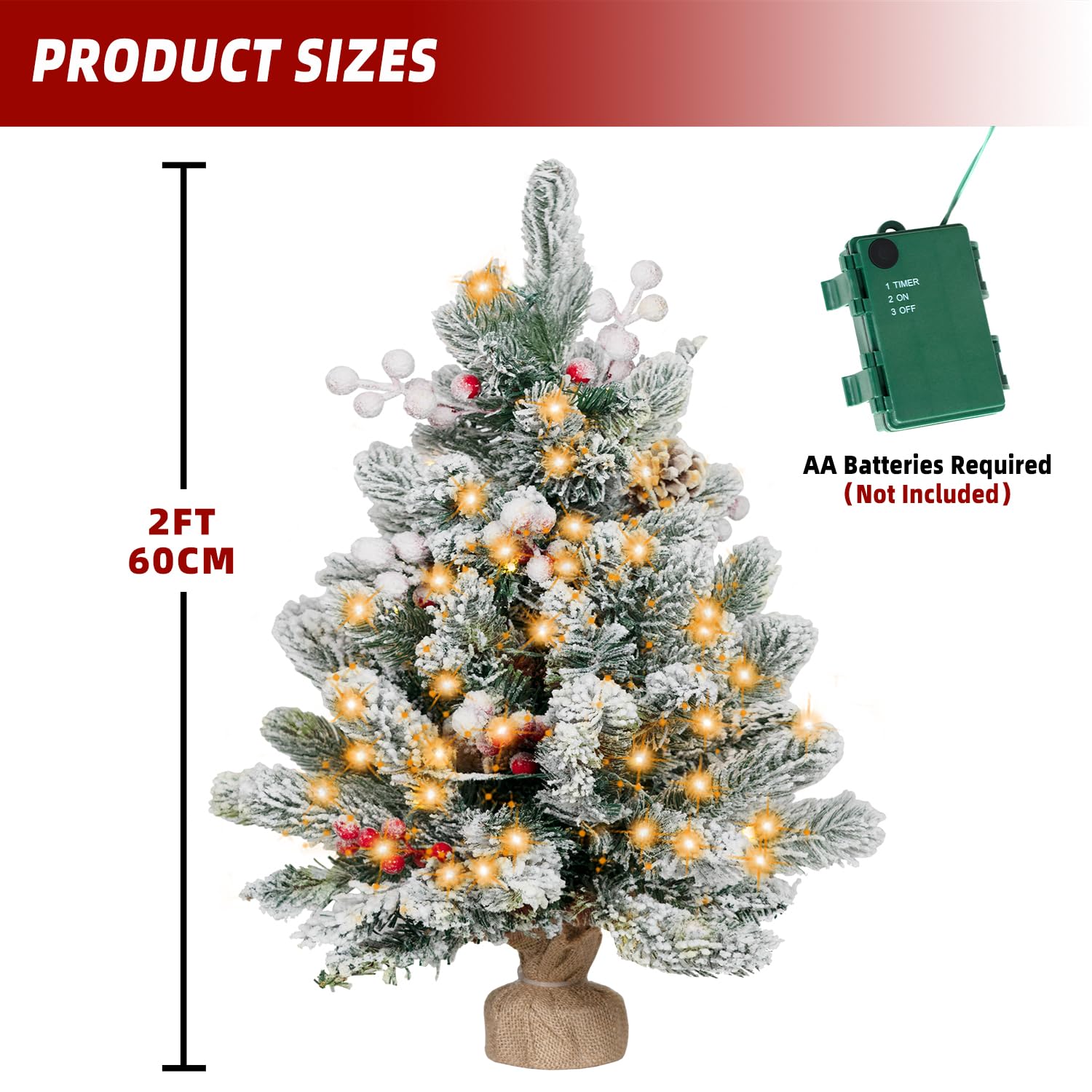 ININ 2FT Pre-lit Mini Christmas Snow Flocked Tree,Tabletop Artificial Christmas Tree with LED Lights, Small Xmas Pine Tree with