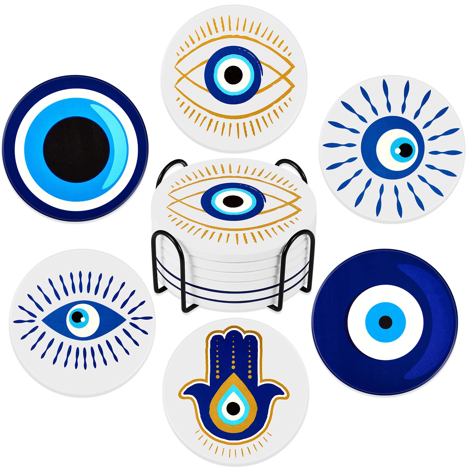 Zubebe Set of 6 Ceramic Evil Eye Coasters with Holder Evil Eye Blue Coasters for Drinks Round Absorbent Cup Mat with Cork Base f