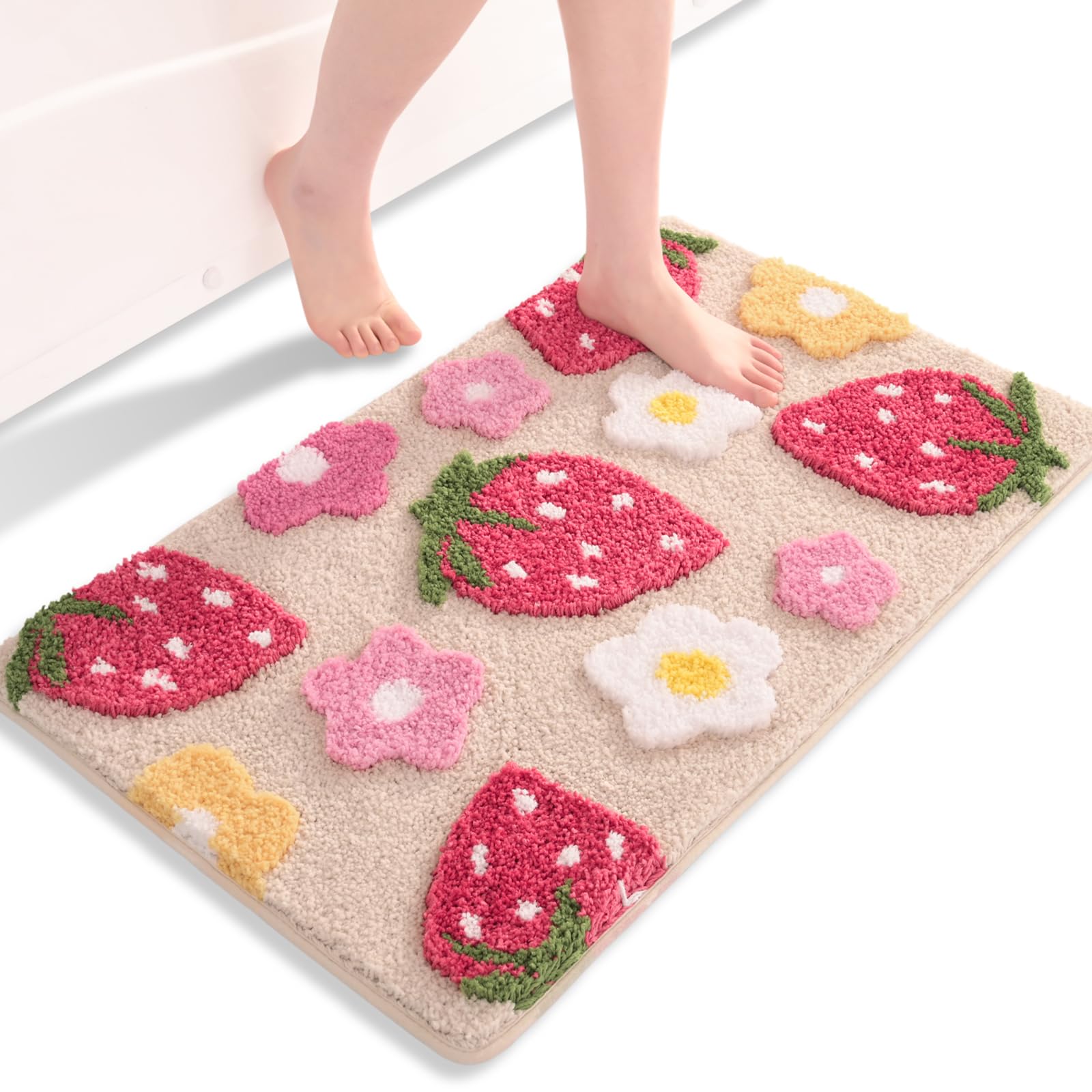 Anybar Beige Bathroom Rugs Cute Strawberry Flower Bath Mat Bathroom Accessories, Funny Colorful Non Slip Floor Bath Rug Machine