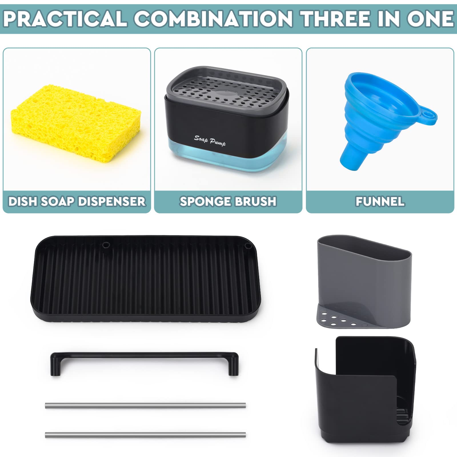 Bestseek Kitchen Soap Dispenser Set With Tray And Sponge Holder, Sink Caddy Organizer With Dishcloth And Dish Brush Holder, For