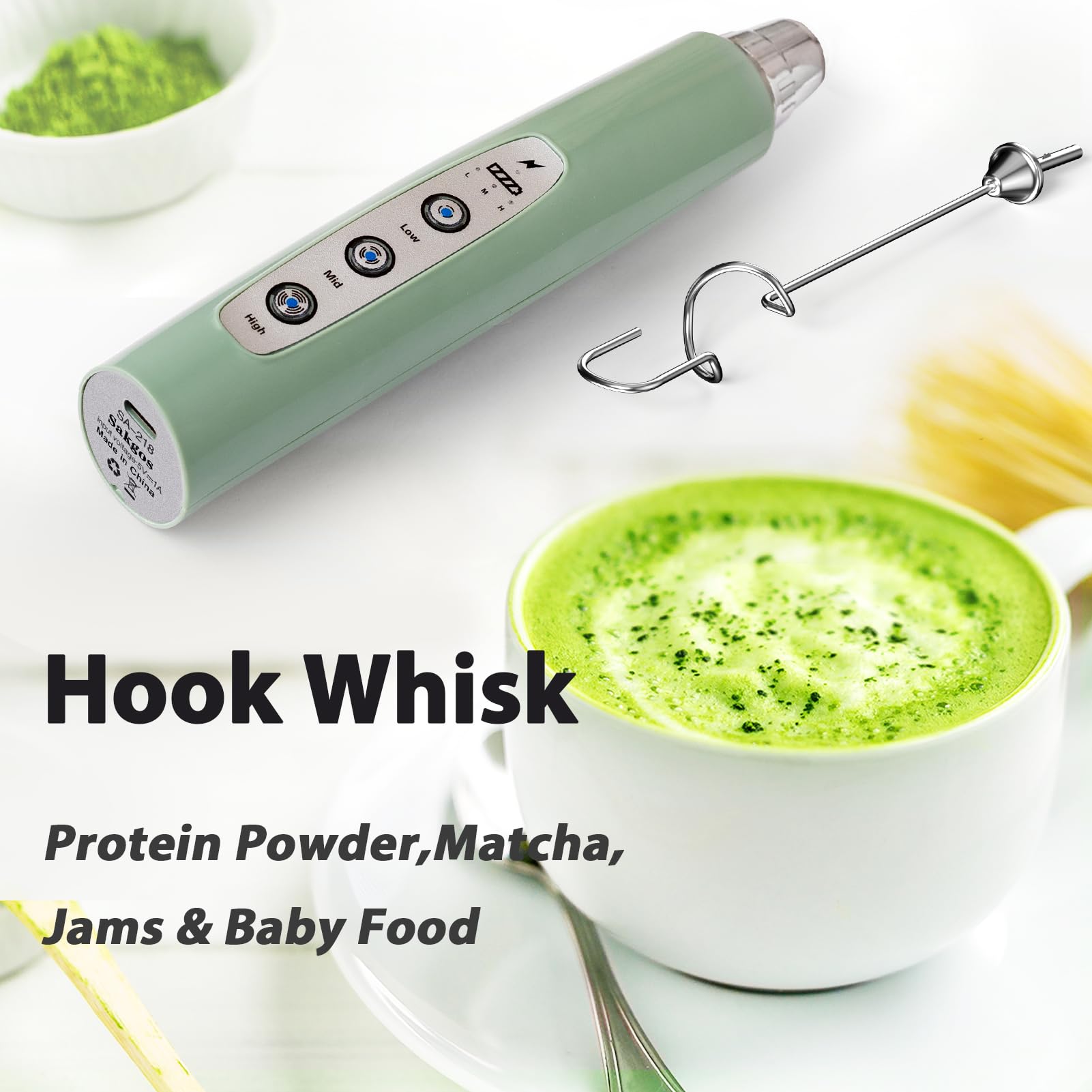 Sakgos Milk Frother Rechargeable Handheld-Electric Whisk 3 Speed Adjustable, Coffee Frother Wand With 3 Stainless Whisks, Electr