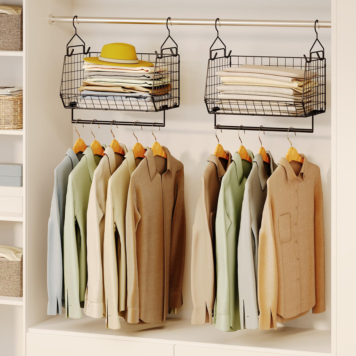 Yociyoga 2 Tier Closet Hanging Organizer With Rod, Foldable Hanging Closet Organizer, Hanging Closet Shelves With 4 Hooks,Wire H