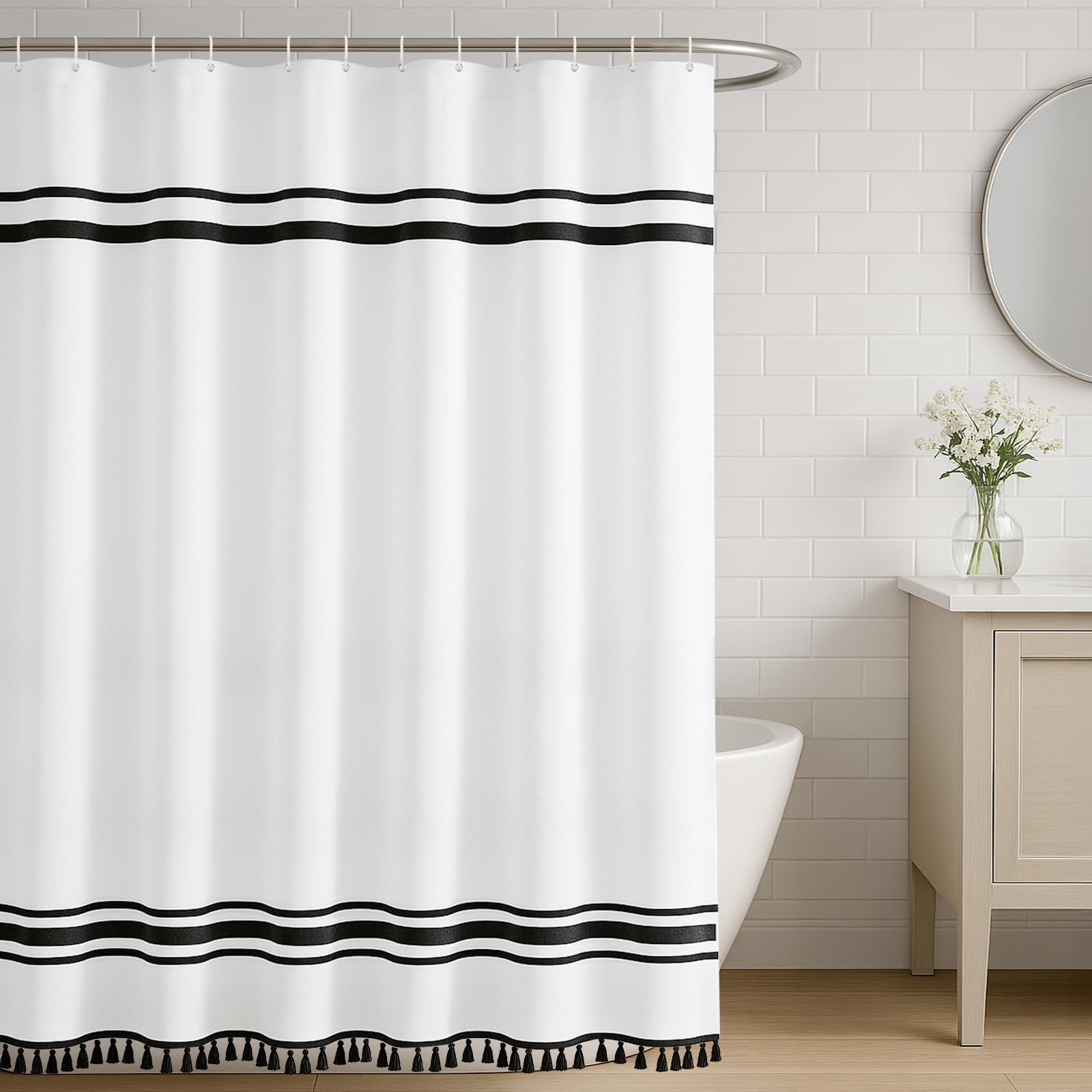Seasonwood Black And White Shower Curtain Farmhouse Shower Curtain Striped Shower Curtains For Bathroom Sets Boho Shower Curtain