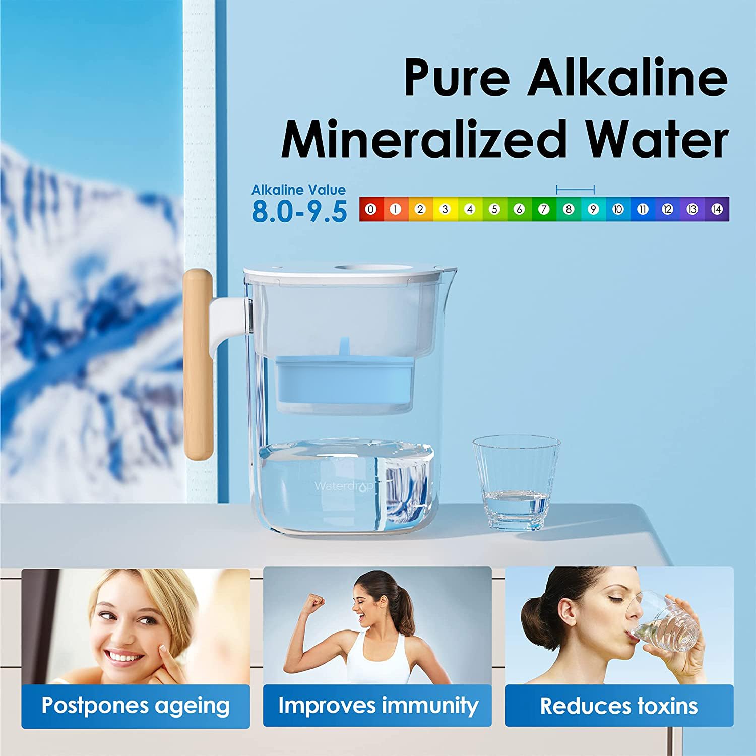Waterdrop Alkaline Chubby 10-Cup Large Water Filter Pitcher With 1 Filter, Healthy, Clean & Toxin-Free Mineralized Alkaline Wate