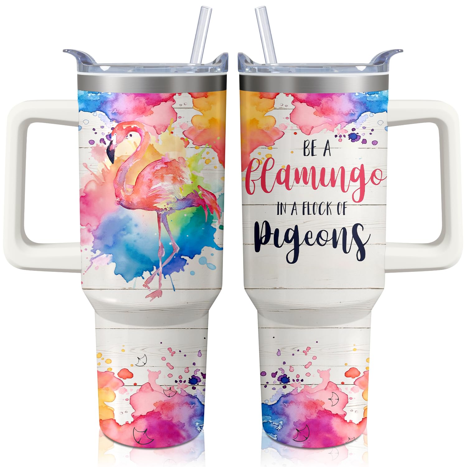40oz Flamingo Tumbler with Handle and Straw, Ocean Stainless Steel Insulated Cup with Lid and Straw, Travel Coffee Mug Water Bot