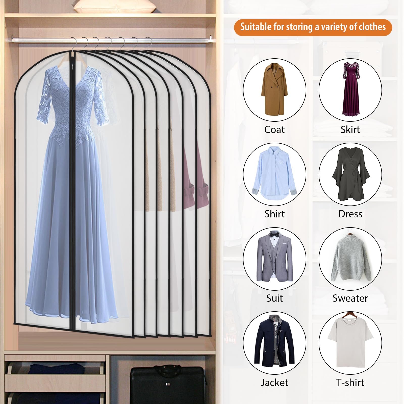 Kntiwiwo Garment Bags Clear Suit Bag For Closet Storage (60''12Pcs-Black Edges)