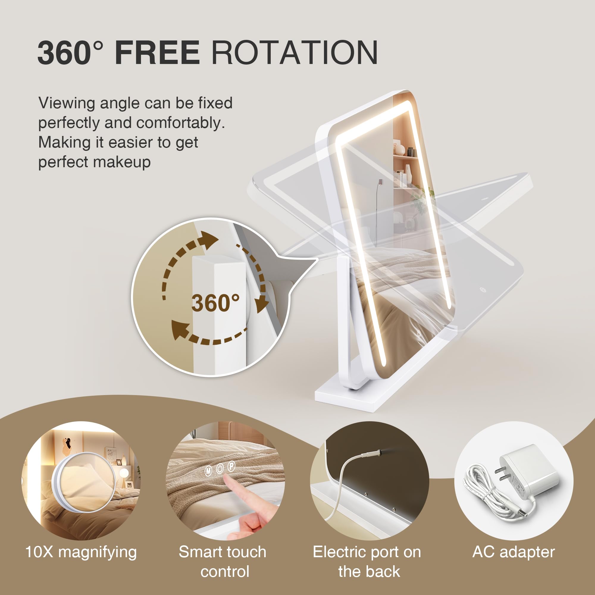 Lighted Makeup Mirror With Lights,Dimmable Touch Control Vanity Mirror For Desk/Bedroom,10X Magnifier & 360 Rotation,3 Color Mod