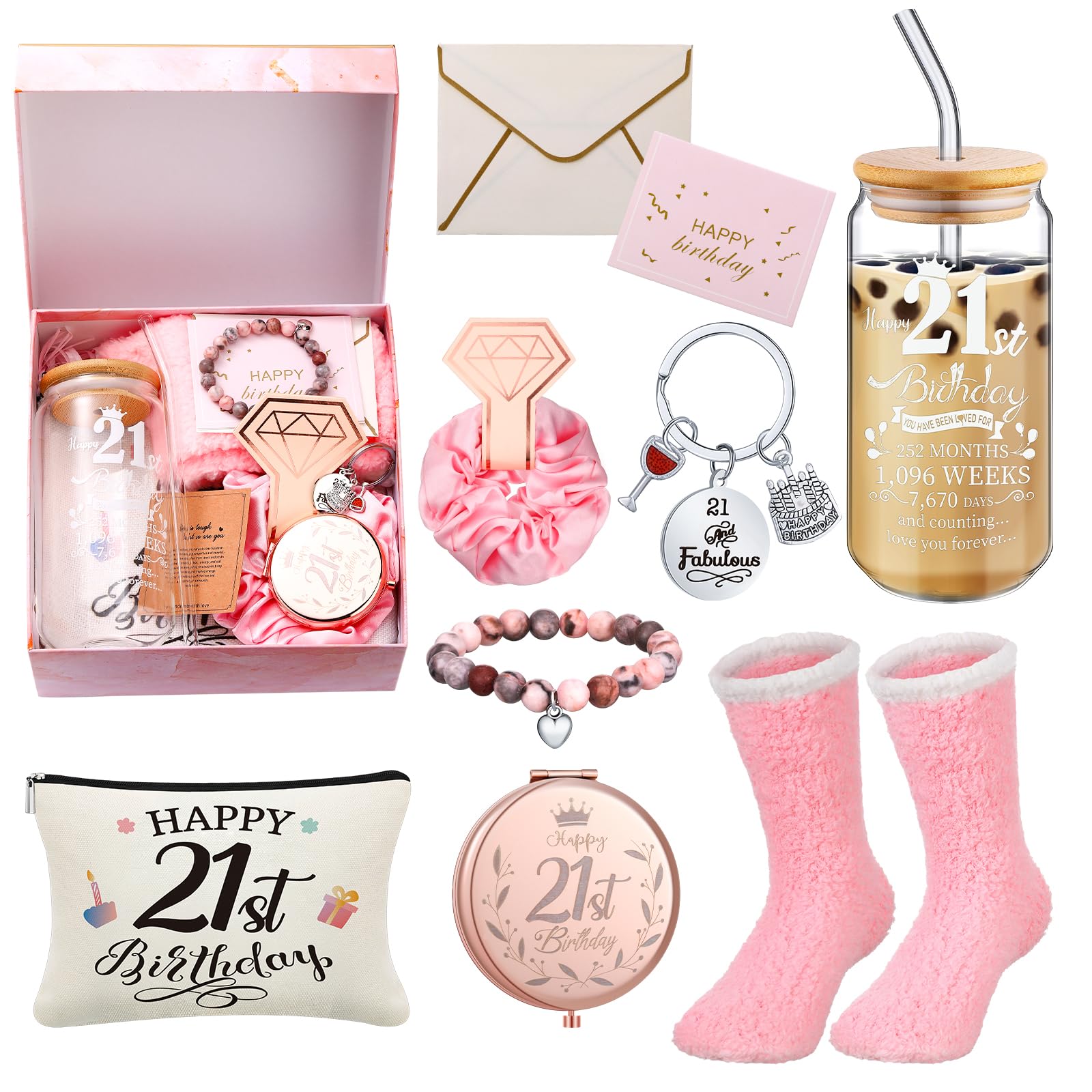 Yungyan 9 Pcs 21St Birthday Gifts For Her Bday Gift Basket Include Makeup Bag 18 Oz Glass Cup With Lid Glass Straw Socks Keychai