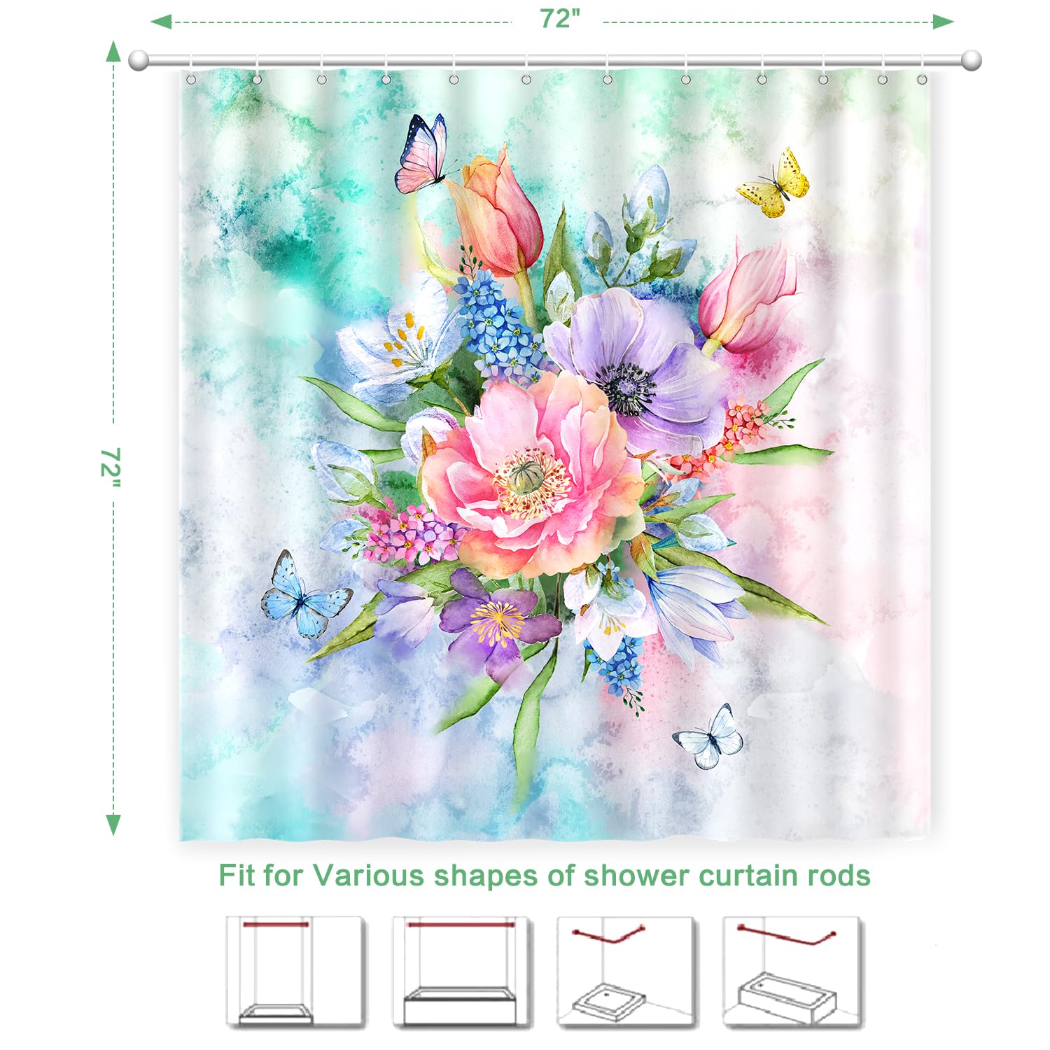 Floral Shower Curtain, Watercolor Flowers Shower Curtain Summer Blooming Flowers Painting Shower Curtain Sets Waterproof Polyest
