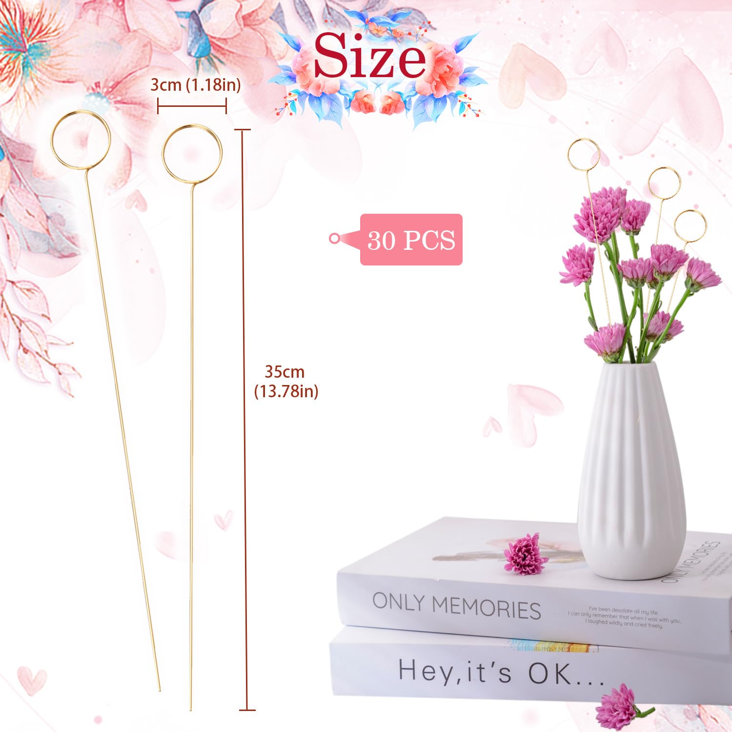 30 Pcs Metal Wire Floral Picks 13 Inch Wire Floral Place Card Holder Picks, Photo Memo Holder, Round Table Name Number Card Hold