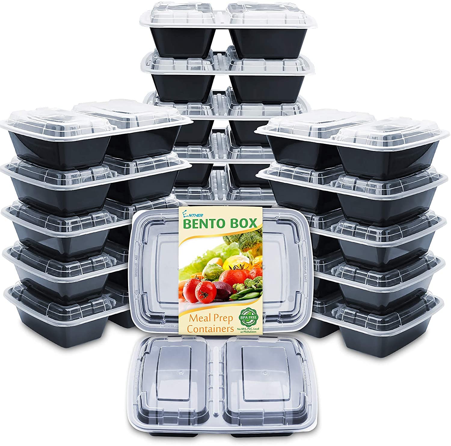 Enther Meal Prep Containers [20 Pack] 2 Compartment With Lids, Food Storage Bento Box | Bpa Free | Stackable | Reusable Lunch Bo