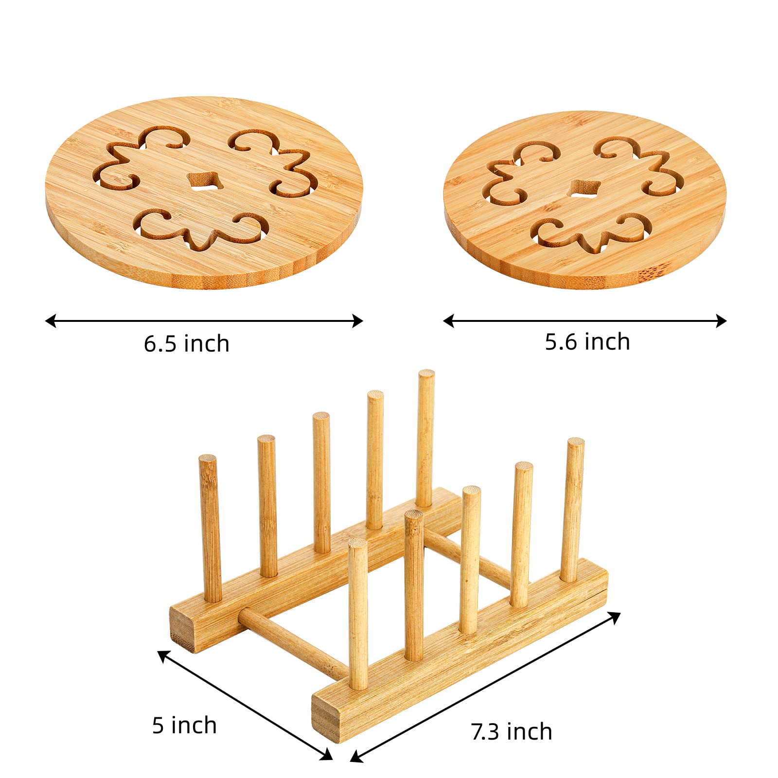 Avla 6 Pack Natural Bamboo Trivet Mat Set, Heat Resistant Pads With Dish Rack, Kitchen Wood Non-Slip Coaster, Durable Anti-Hot T