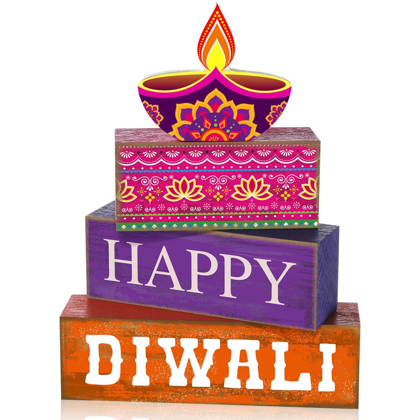 Lineshading 4 Pcs Diwali Wooden Table Decoration Centerpiece Happy Diwali Tiered Tray Decor Warm Wishes Diyas Wooden Design for 
