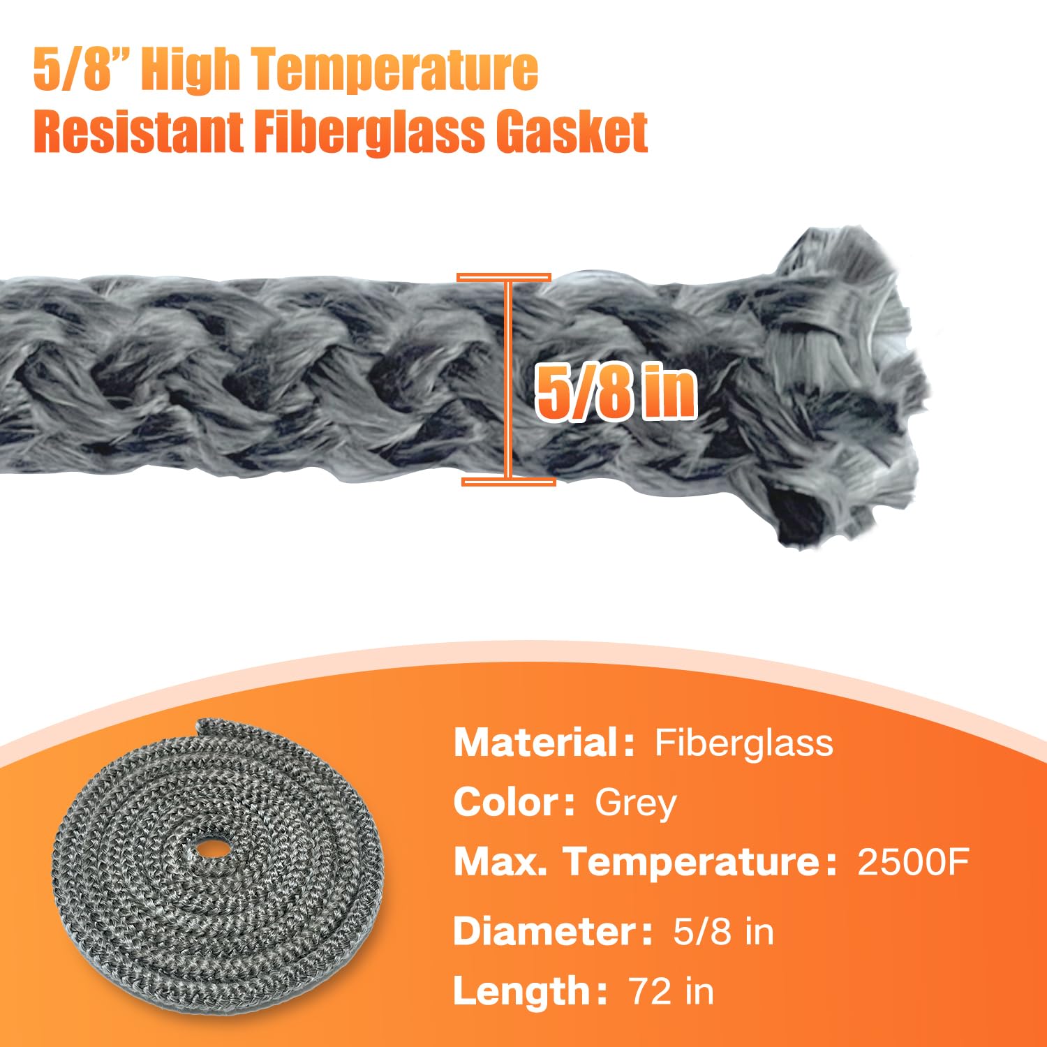 Protalwell Wood Stove Gasket - 5/8" Fiberglass High Temperature Resistant Rope for Woodstoves & Fireplaces