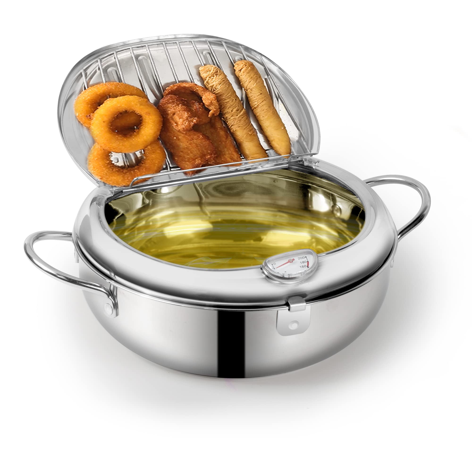 Deep Fryer Pot 304 Stainless Steel Japanese Frying Pot 3.4L/9.4 Inch Tempura Frying Pot with Lid, with Temperature Control Oil D