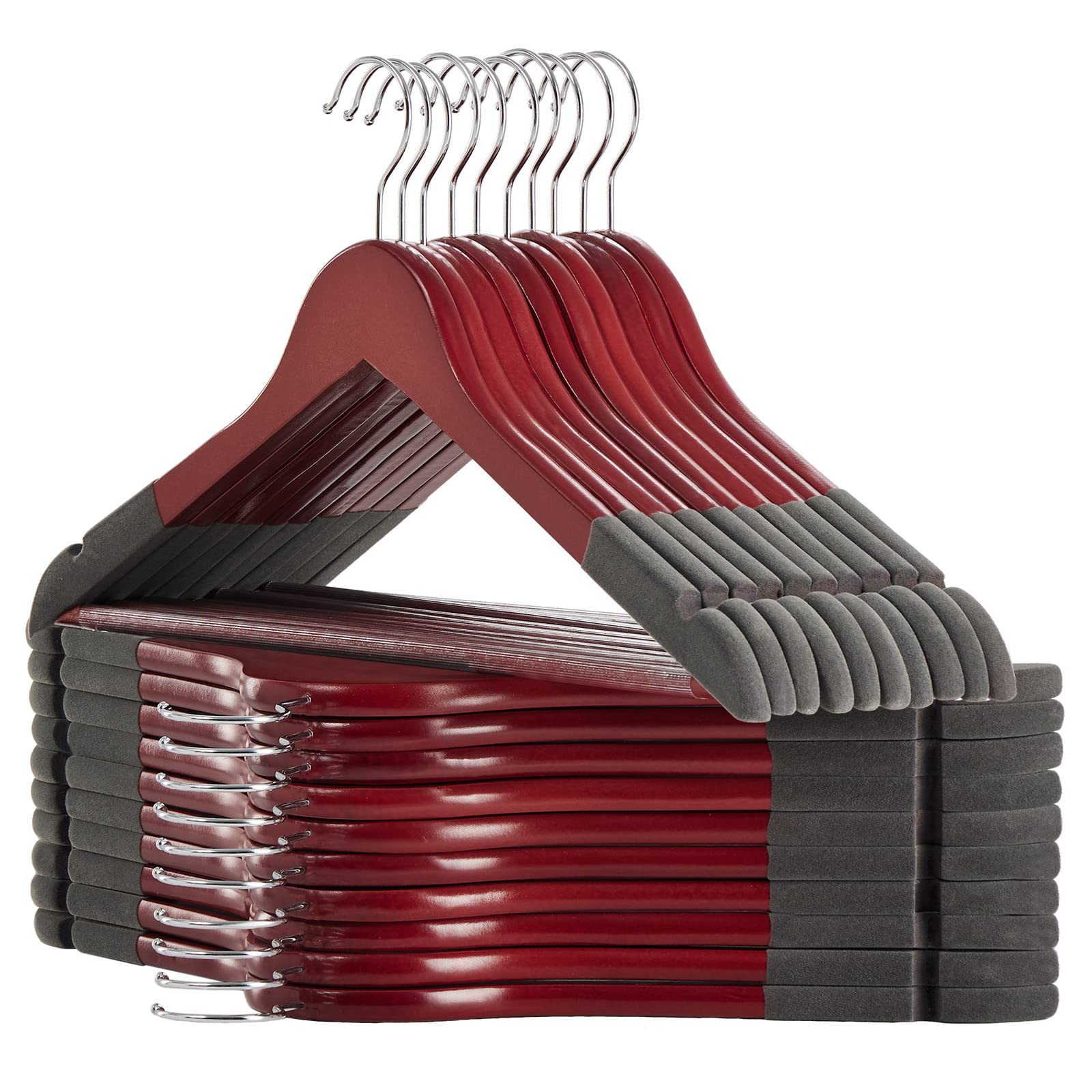 Solid Natural Wooden Coat Hangers, 20 Pack Heavy Duty Smooth Finish Suit Hangers With Non-Slip Pant Bar, Precisely Cut Notches &