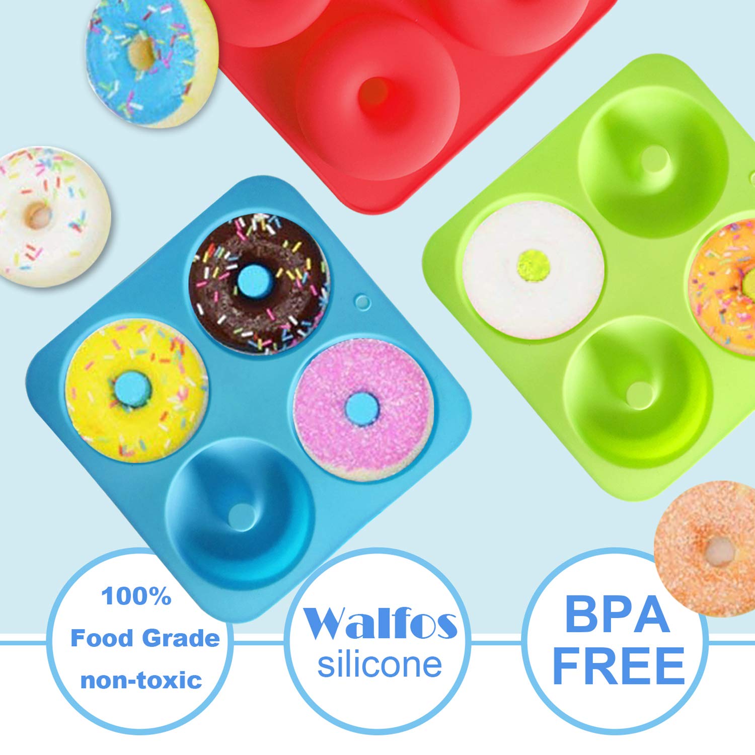 Walfos Full Size Silicone Donut Mold - 4 Inch Big Size Silicone Doughnut Pan Set  Non-Stick  Just Pop Out! Heat Resistant  BPA FREE and Dishwasher Safe  for Donut Cake Biscuit Bagels (3PK)