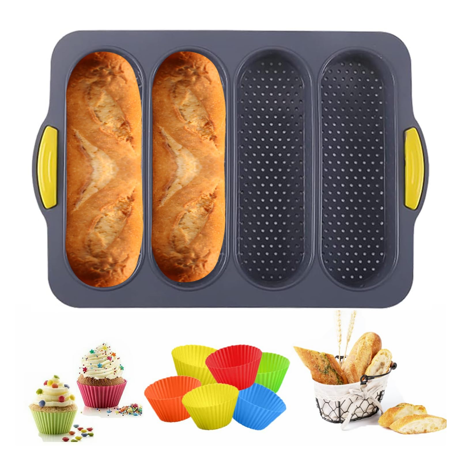 Mujuze Bread Pans For Baking, Silicone Bread Pan With 6 Muffin Cups, French Bread Loaf Pan Nonstick & Heat Resistant Silicone Ba