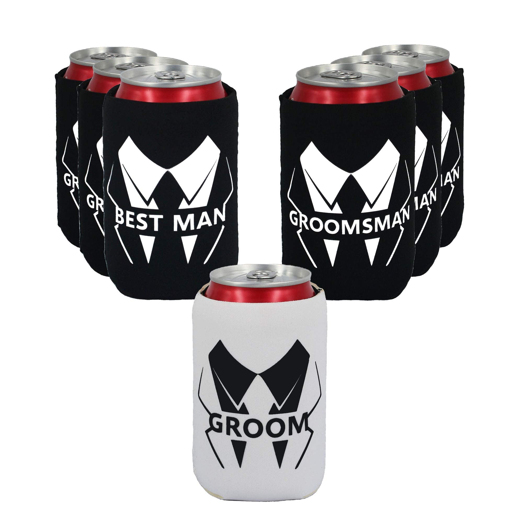 Lady & Home Set Of 7 Groom And Groomsmen Can Coolers, Groomsmen Proposal Can Sleeve Favors For Bachelor Party & Wedding Party (B