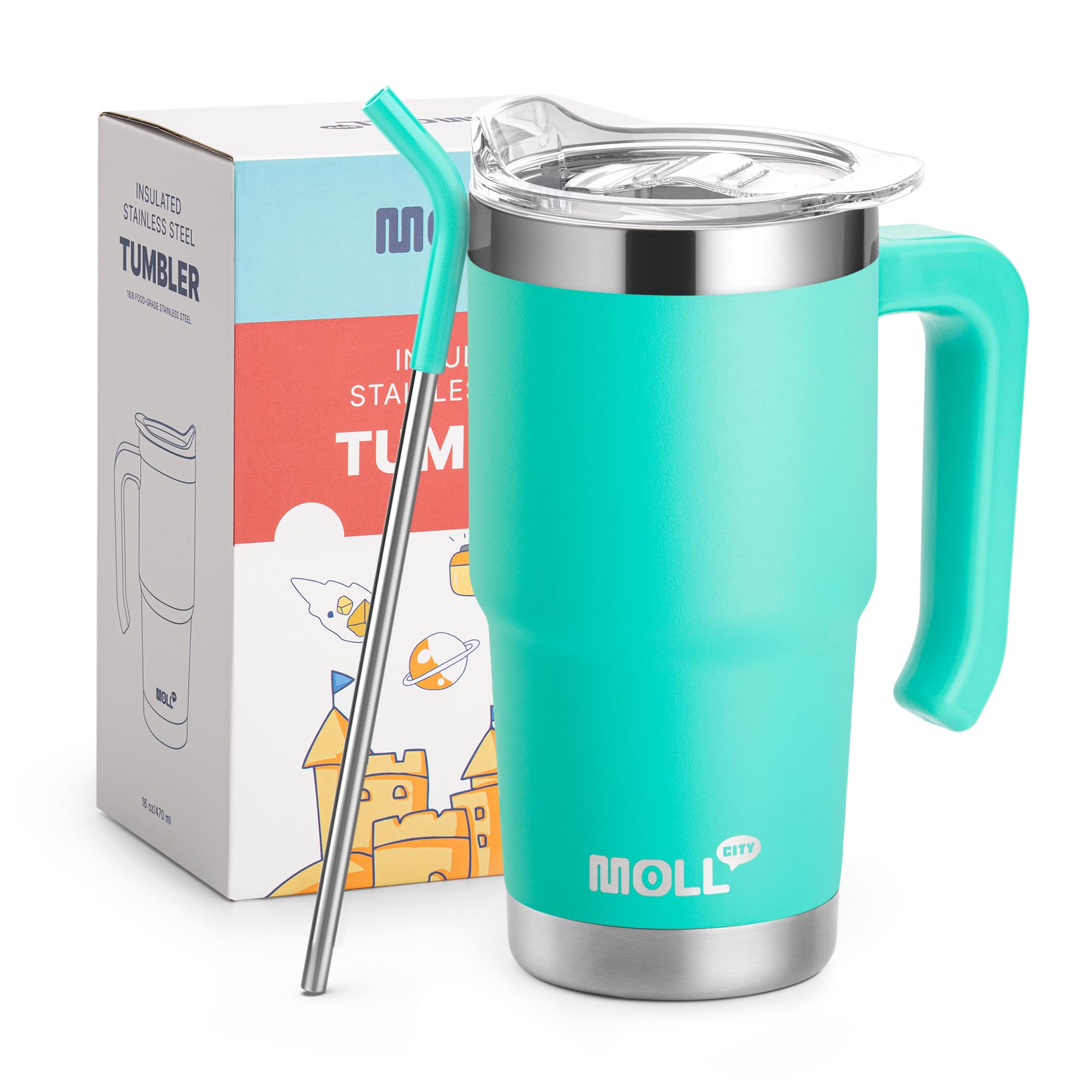 Mollcity 16 oz Tumbler Stainless Steel Double Wall Vacuum Insulated Coffee Tumbler with Lid and Straw-Reusable Travel Mug Cup fo