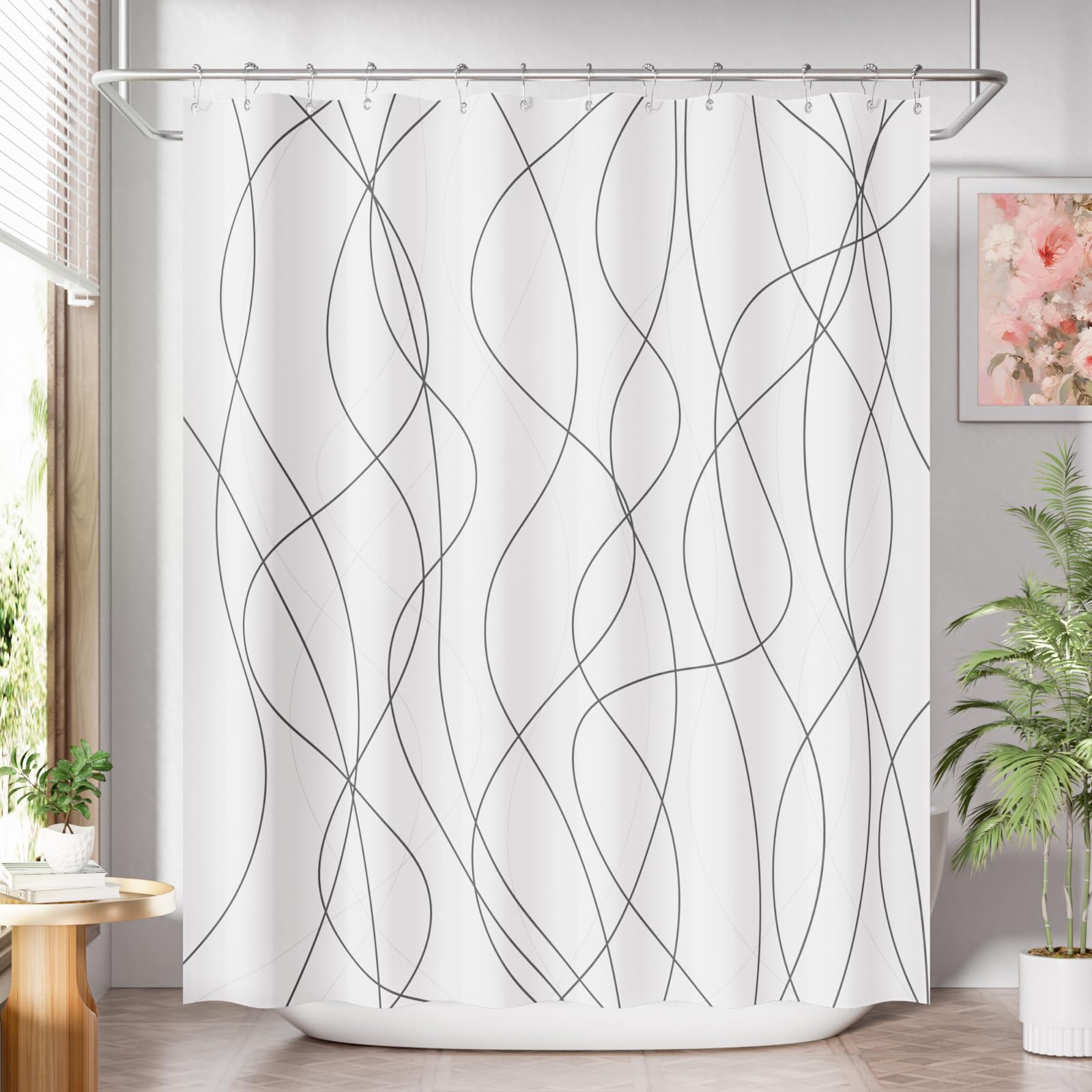AmazerBath Shower Curtain Sets  Rustic Abstract Black Striped Cloth Shower Curtain with 12 Metal Shower Curtain Hooks  Luxury Washable Farmhouse Fabric Shower Curtains for Bathroom Decor  72x72 Inches