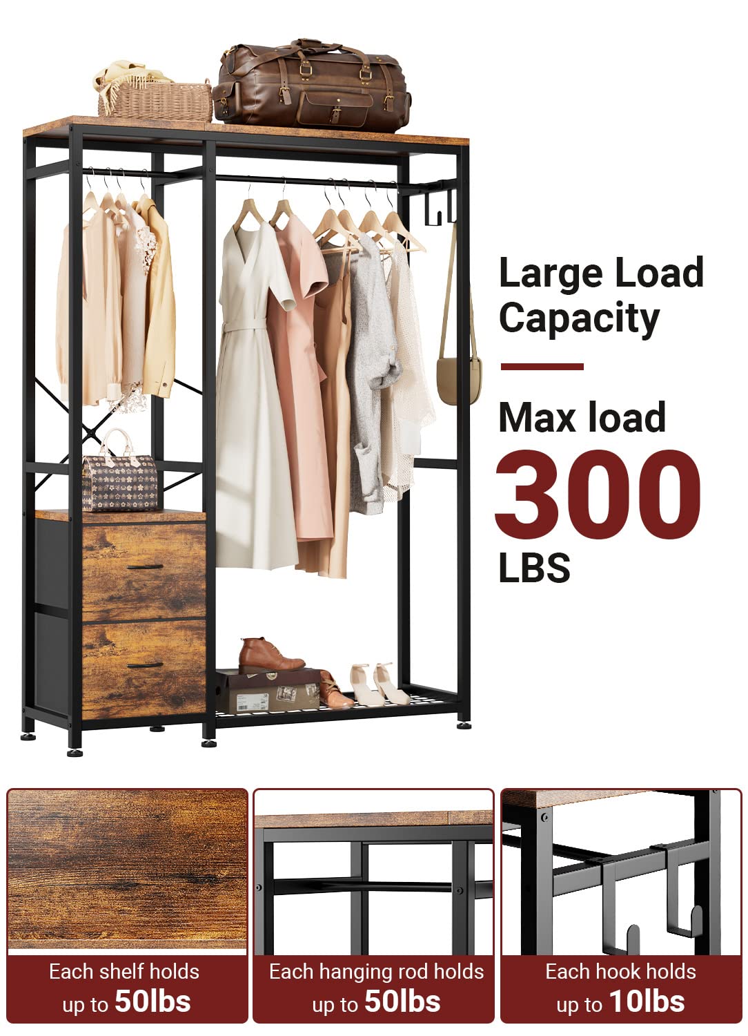 Lulive Clothes Rack, Heavy Duty Garment Rack For Hanging Clothes, Industrial Clothing Racks With Shelves, 2 Fabric Drawers, 4 Ho