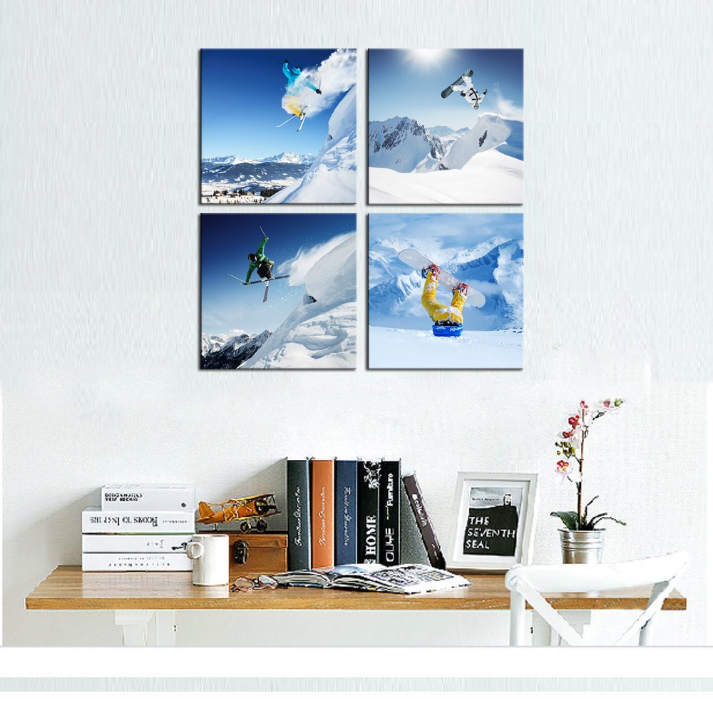LevvArts Ski Sport Canvas Wall Art Snow Mountain Landscape Picture Photo Canvas Print Wall Decal Framed and Easy Hanging Modern Home Decoration Canvas Art