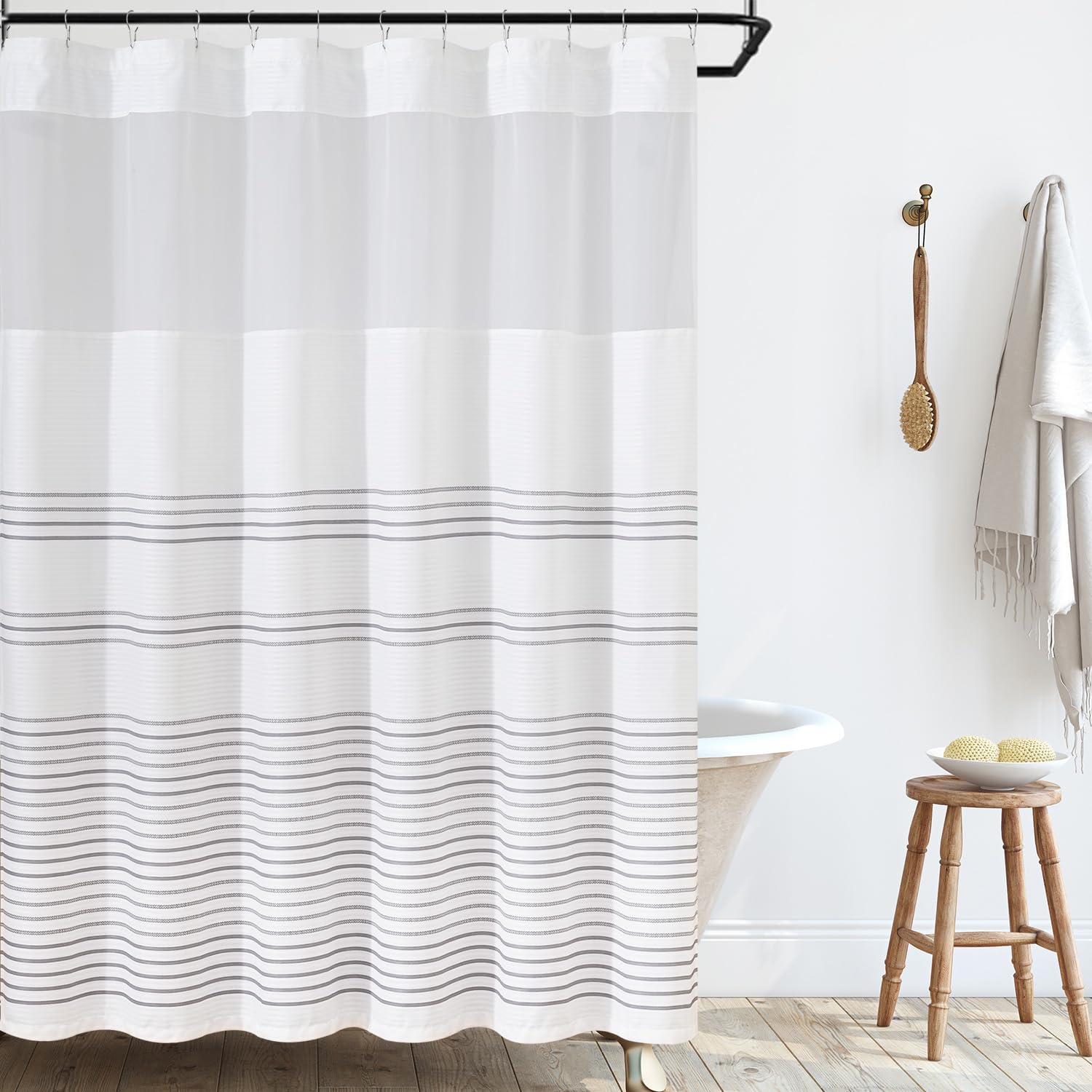 Jinchan Grey And White Shower Curtain With See Through Window Fabric Striped Shower Curtain For Bathroom Modern Shower Curtain W