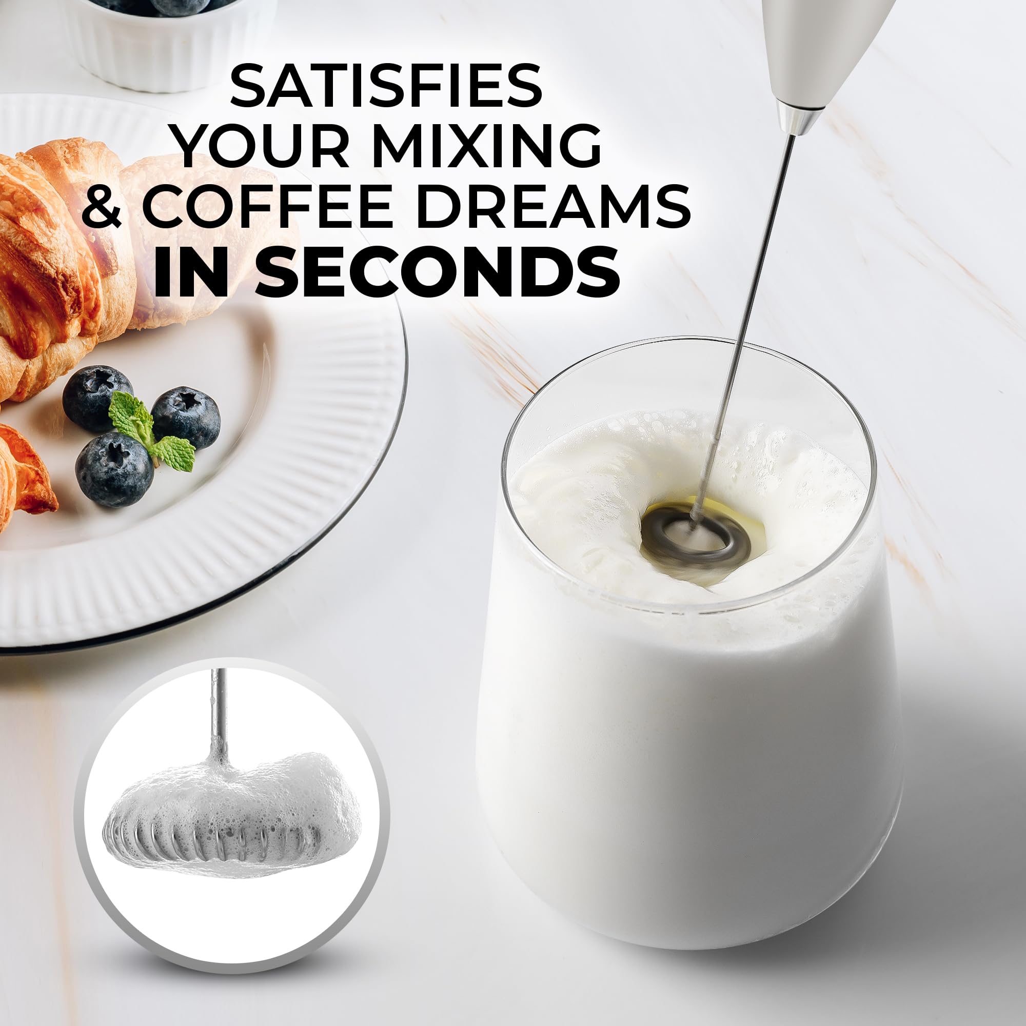 Zulay Powerful Milk Frother - Handheld Electric Whisk, 12,500 RPM, Stainless Steel, Bright Metallic Silver