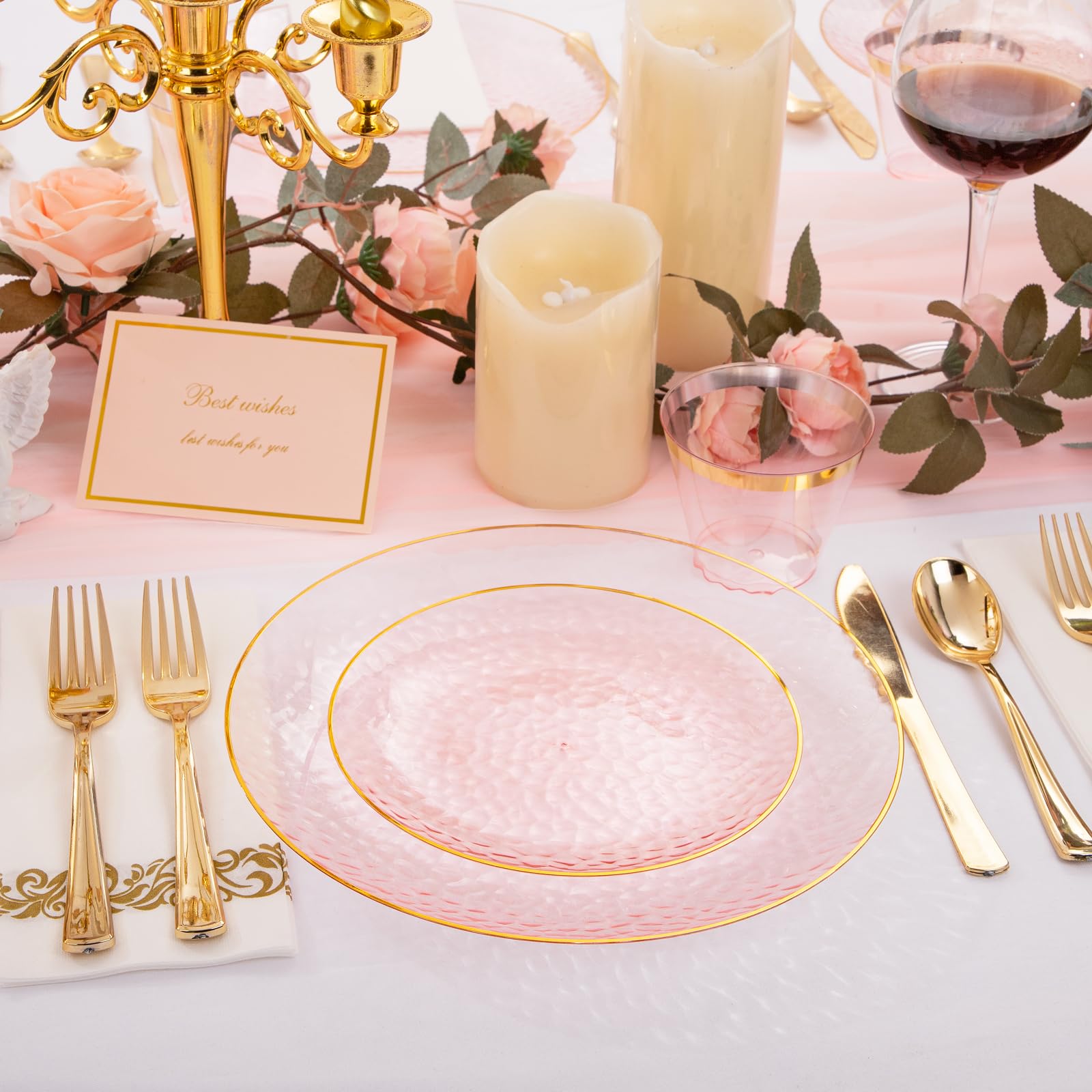 Rubtlamp 175 Pcs Pink Plastic Plates Dinnerware Set (25 Guests), Pink Disposable Plates With Gold Rim, Hammered Party Plates Set