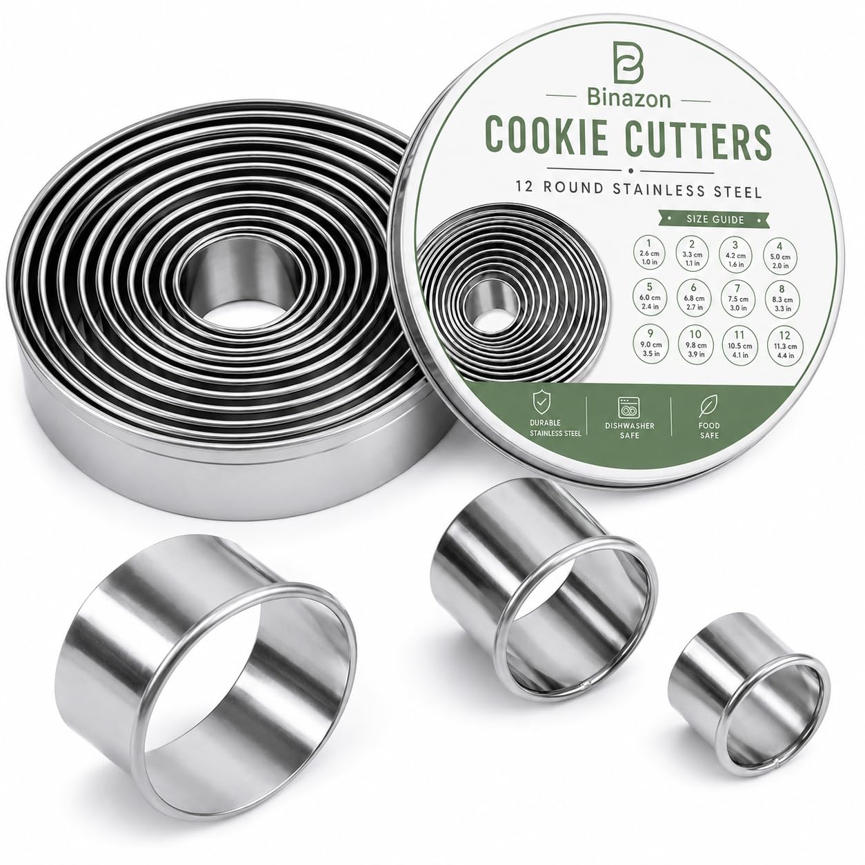 12Piece Round Cookie Cutter Set, Stainless Steel Circle Biscuit Cutters with Storage Tin, Dishwasher Safe Pastry Cutters and Do