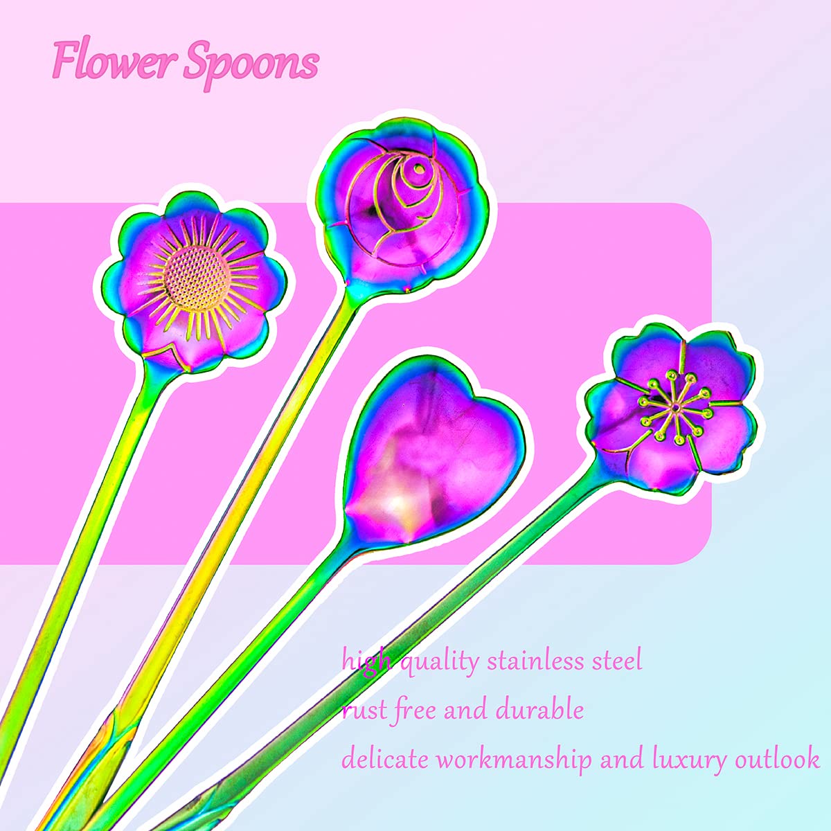 Flower Spoon Set Of 4 Pcs, Leefone 7'' Flower Pattern Long Handle Spoon Stainless Steel Reusable Tea Scoops Stirring Spoon Ice C