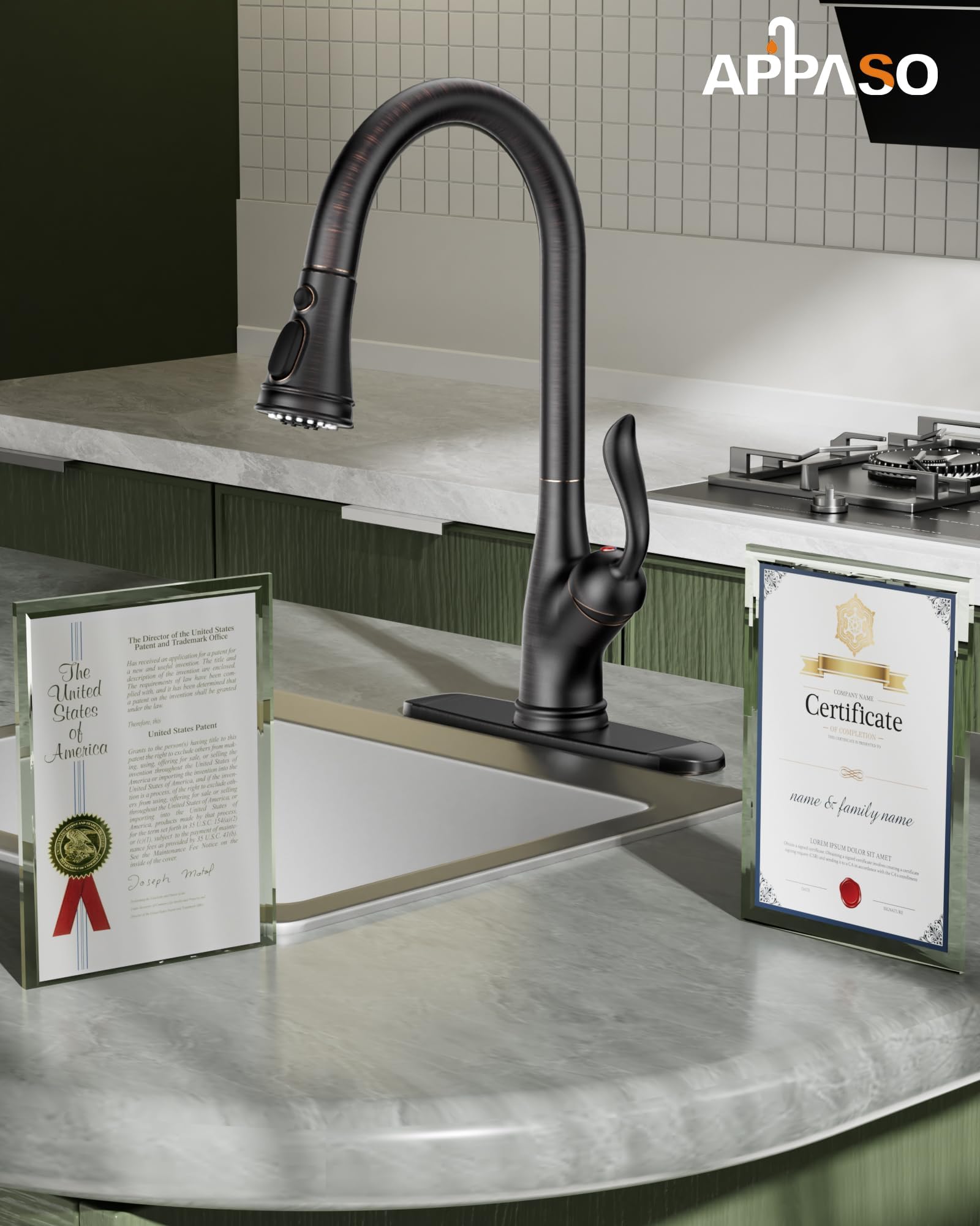APPASO Pull Down Kitchen Faucet with Sprayer Oil Rubbed Bronze  Single Handle One Hole High Arc Pull Out Spray Head Kitchen Sink Faucet with Deck Plate