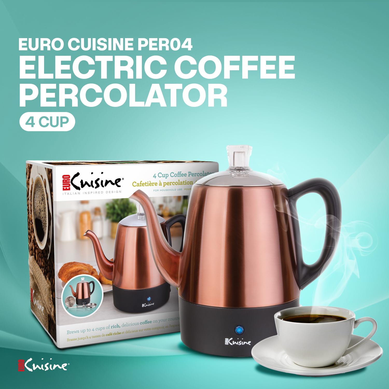 Euro Cuisine PER04 Electric Coffee Percolator, 4 Cup, Stainless Steel, Copper Finish, Dripless Gooseneck Spout, Keep-Warm Function