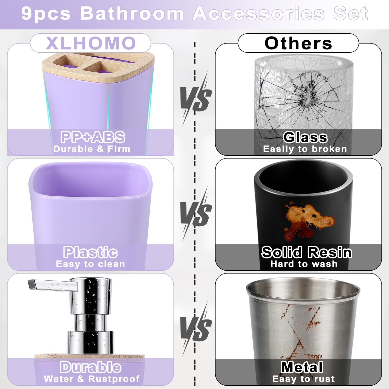 Purple Bathroom Accessories Set, 9 Piece Purple Bathroom Accessory Set With Trash Can,Toothbrush Holder,Toothbrush Cup,Lotion So