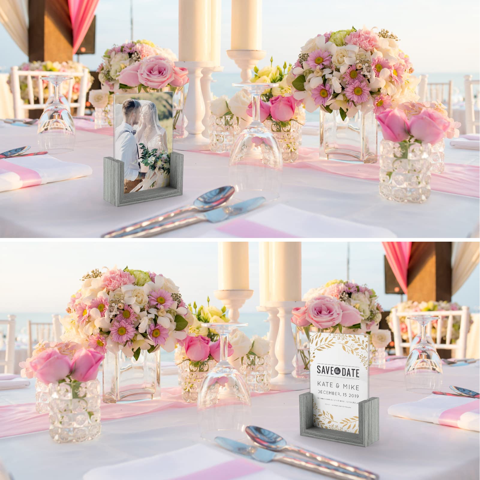 PETAFLOP 8x10 Picture Frame Set of 2, Double Sided Glass Photo Frames 8 by 10, Rustic Wooden Menu Holder Sign Card Stand for Des