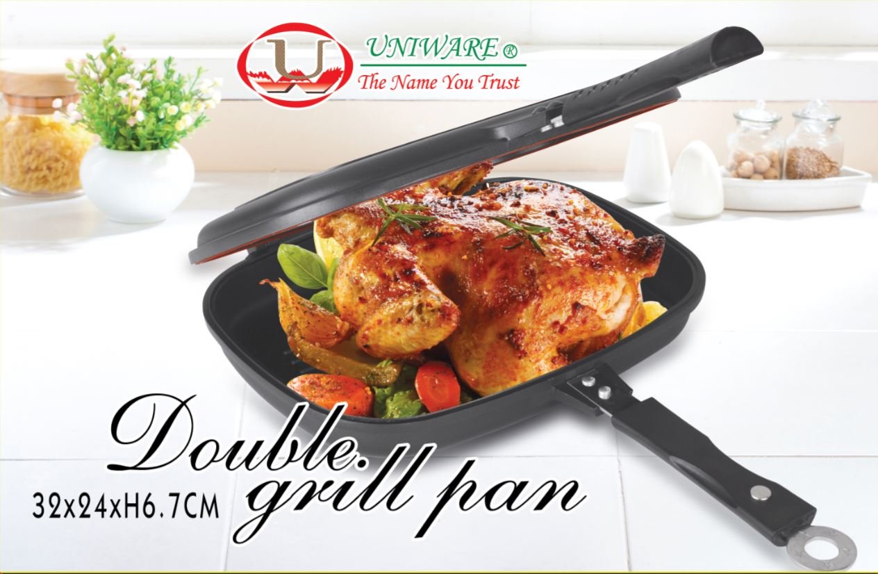 Uniware Super Quality Non-Stick Coating Double Grill Pan, Rectangular, Magnetic Bakelite Handle, 12.6 X 9.6 X 2.6 Inch