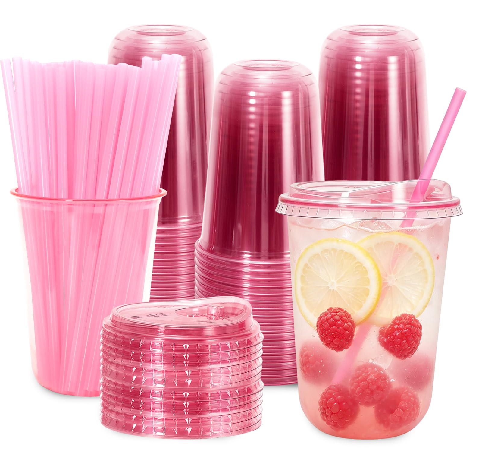 FYSUIMU 60Pcs Pink Stemless Plastic Cups with Lids Straws, UShaped, 16oz