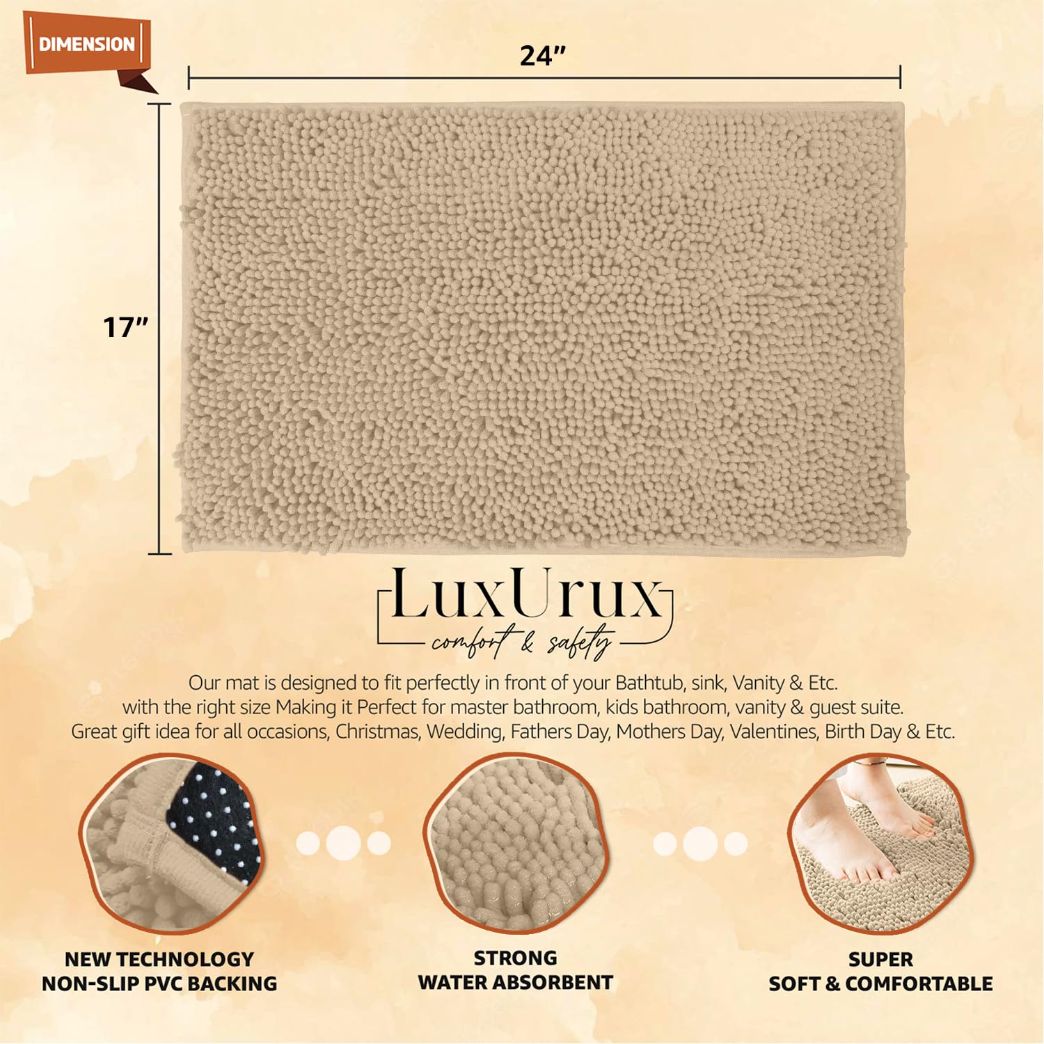 LuxUrux Birch Bathroom Rugs  Luxury Bath Mat-Extra-Soft Plush Bathroom Rug 1 ' ' Chenille Microfiber  Super Absorbent Shaggy Bath Rug. 24 ' ' x 17 ' '.