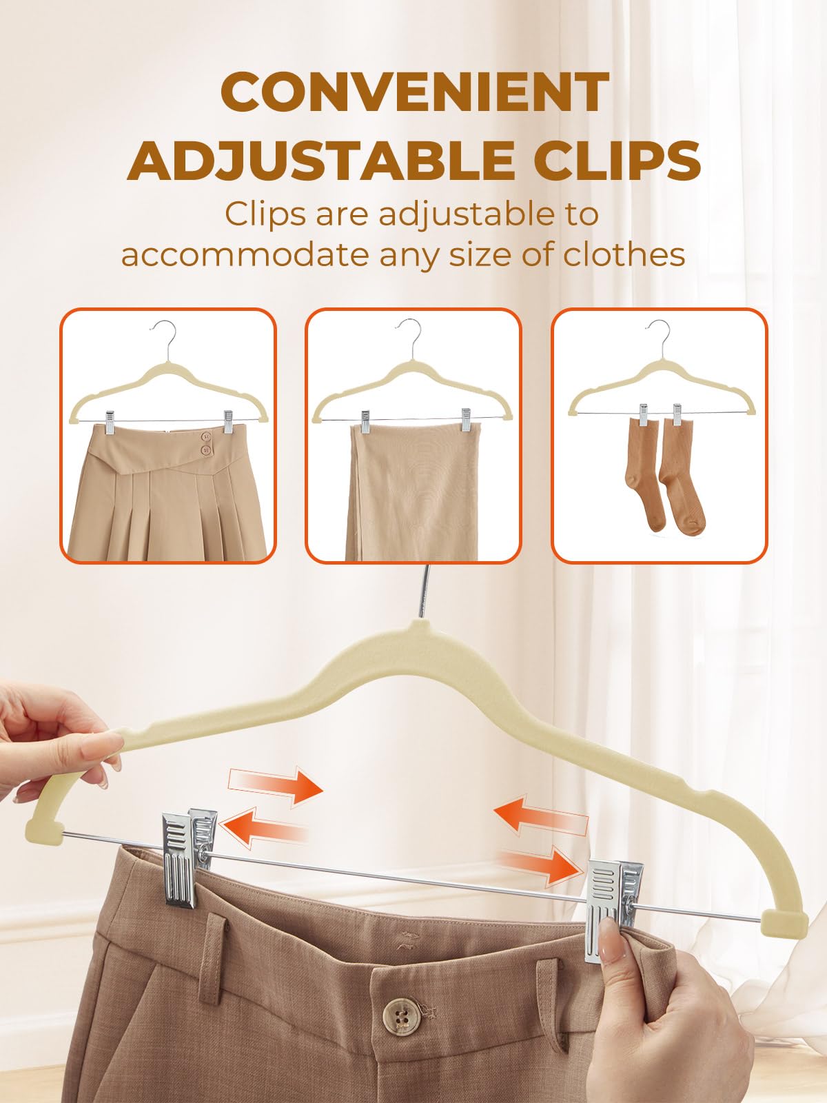 HOUSE DAY Velvet Skirt Hangers, 12 Pack, Beige, Adjustable Clips, Non-Slip, Heavy Duty, Space Saving Pant Hangers