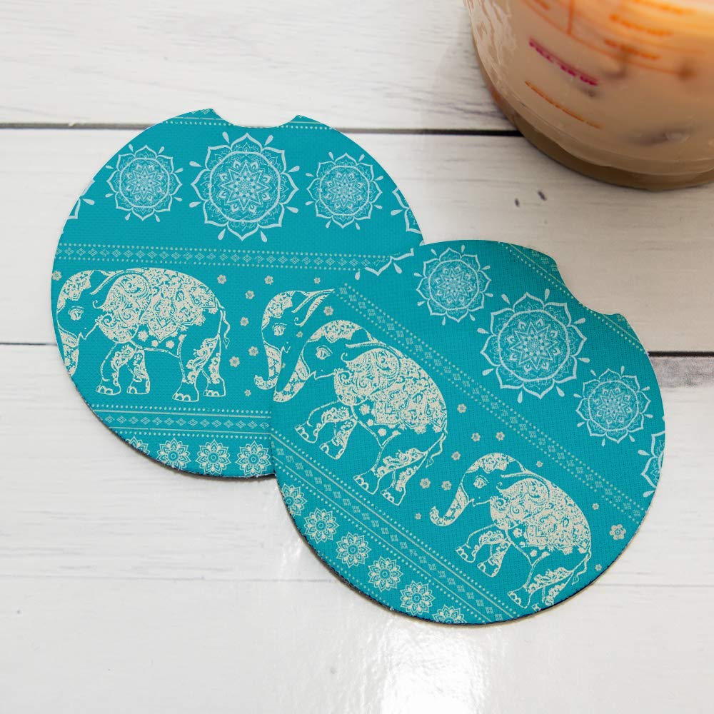 Blue Elephant Pattern Print | Car Coasters For Drinks Set Of 2 | Perfect Car Accessories With Absorbent Coasters. Car Coaster Me