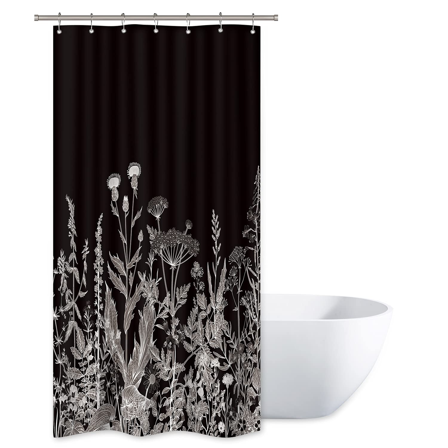 Riyidecor Small Stall Wildflower Plant Shower Curtain 36Wx72H Inch Black Background Botanical Floral Border Herbs Leaves Decor N