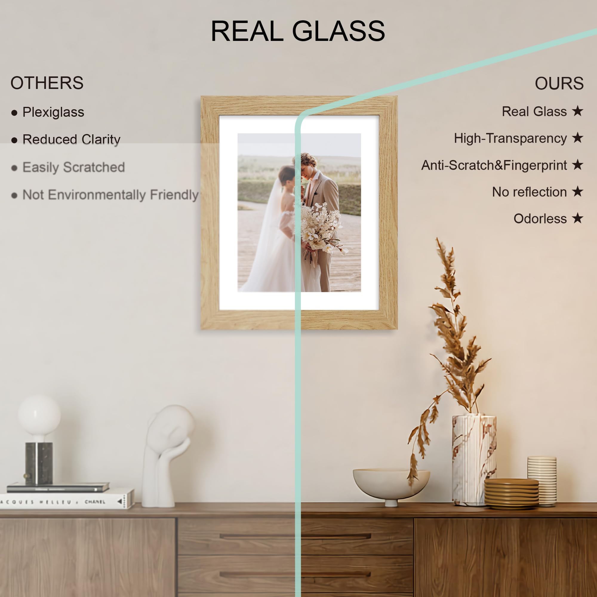 Hongkee 9x11 Picture Frame Set of 4, Made of Real Glass and Natural Oak Frame - Display Picture 7x9 with Mat or 9x11 Without Mat